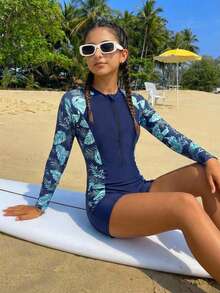 SHEIN Girls' Blue Tropical Plant Print Fitted Long Sleeve One-Piece Swimsuit, Casual Vacation, Suitable For Spring/Summer Travel, Beach Holiday, Navy Blue Swimwear - Navy Blue - View 1