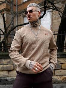 Artur Kramer Men's Casual Basic Letter Patched Pullover, Brown Sweatshirt, Fall - Brown - View 5