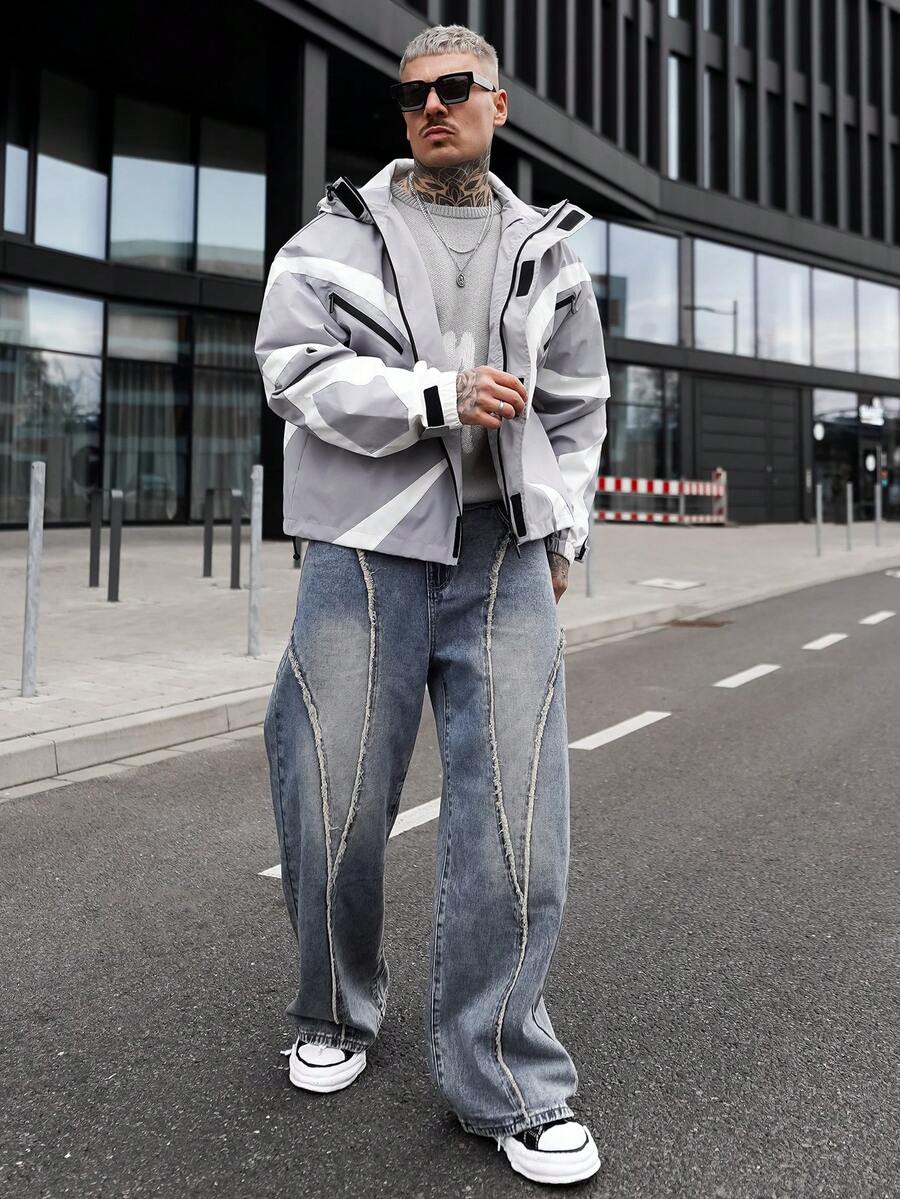 Artur Kramer Contrast Color Patchwork Design Men's Hooded Long Sleeve Jacket, Light Windbreaker Y2k Techwear Jacket - Grey - View 1