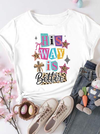 EMERY ROSE Easter His Way Is Better Colorful Letter Leopard Print Printed Casual Plus Size T-Shirt