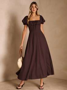 Enchnt Đầm nữ màu trơn tối giản cổ vuông, kiểu dáng thường ngày. - màu nâu - Xem 1