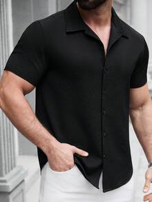 SLATEMANN 男士夏季休閒日常通勤度假簡約純色紋理布料短袖襯衫，正式款 - 黑色 - 查看 4