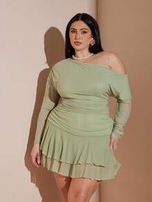 SHEIN BAE 大码女式不对称肩长袖上衣两件套，荷叶边层叠蛋糕裙套装，情人节套装，大码绿色夏季套装 - 綠色 - 查看 6
