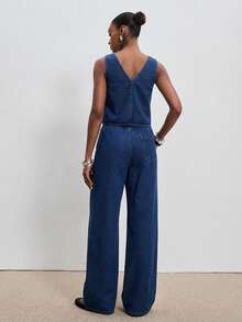 ATUI Studio Women's 2 Piece Outfits, Sleeveless Cami Top With High Waist Straight Leg Jeans Set, Cotton Casual Everyday Denim Two Piece For Summer Daily - Blue - View 4