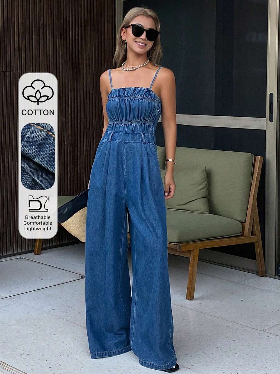 DAZY 女士夏季褶裥腰部宽松阔腿牛仔连体裤，休闲都市风 - 中等水洗藍 - 查看 1