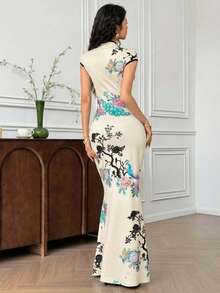 EastFlair Đầm sườn xám ôm dáng tay ngắn in hình chim công dành cho nữ, kiểu dáng thanh lịch. - Màu be - Xem 7