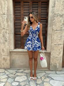 Olithes 女士印花腰带肩部打结无袖连体裤 - 寶藍色 - 查看 3