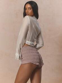 MUSERA V Neck Tie Cross Over Lace Detail Ruffled Longsleeve Blouse Coord Top Only Cute Spring Holiday Girly Sugar Salt - White - View 4