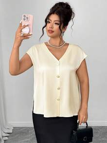 Elenzga Áo sơ mi satin cỡ lớn dành cho nữ, tay áo kiểu cánh dơi, cổ chữ V, thanh lịch và đa năng, thích hợp cho các bữa tiệc, tiệc trà chiều hoặc đi làm. - Màu be - Xem 4