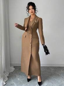 Elenzga 大码不对称领口设计卡其棕色长袖V领早春时尚女士通勤修身连衣裙，优雅法式风情 - 咖啡棕 - 查看 8