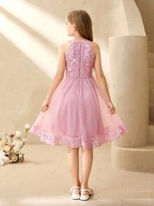 花童网纱拼接串珠露背蓬蓬公主裙，短款，适合婚礼、生日派对、宴会等各种场合，四季皆宜。 - 粉色 - 查看 2