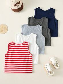SHEIN 5pcs/Set Unisex Baby Cute Casual Striped Knit Tank Tops, Versatile Summer Outfit Pack - Multicolor - View 2