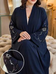 Al Najma 大码女士优雅派对串珠水钻装饰长袍 - 藏蓝色 - 查看 2