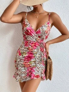 Rafferiza Women's Leopard & Floral Print Tie-Waist Ruched Casual Vacation Date Night Mini Cami Dress Sexy Summer Dress - Multicolor - View 5