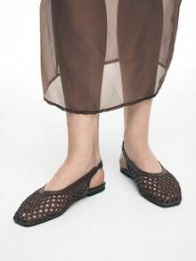 Mnmlis 女士新款时尚编织镂空平底方头套脚鞋 - 棕色 - 查看 7