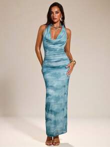 SHEIN BAE Women's Light Blue Tie-Dye Print Halter Backless Fashion Dress With Metallic Ring, Draped Summer Casual Vacation Holiday Ocean Beach Party Dress - Green - View 8