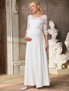 SHEIN Maternity Contrast Lace 3/4 Sleeve Elegant Dress Wedding Guest Dress Elegant Dress White Dress Birthday Outfits  For Baby Shower - White - View 1