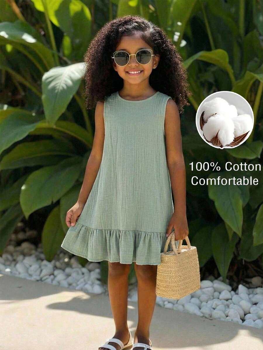 Young Girl Vacation Casual Fashion Ruched A-Line Sleeveless Green Chiffon Dress,Kids - Green - View 1
