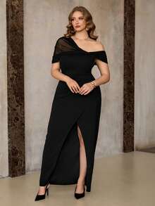 Roveilla 大码女士新款优雅浪漫正式礼服，婚礼生日派对礼服，雪纺单肩开衩连衣裙，适合高挑女性，褶皱修身连衣裙 - 黑色 - 查看 8