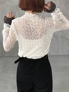 FRIFUL Áo nữ tay dài cổ tròn phối màu tương phản, chất liệu ren xuyên thấu, kiểu dáng thường ngày, đa năng, thích hợp cho mùa thu/đông. - Màu be - Xem 2