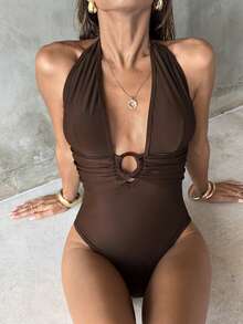 SHEIN Luminelle Women's Solid Color One-Piece Swimsuit, Flattering High Cut, Sexy Beach Vacation Wear, Halter Neck Swimsuit, Brown Swimsuit - Coffee Brown - View 9