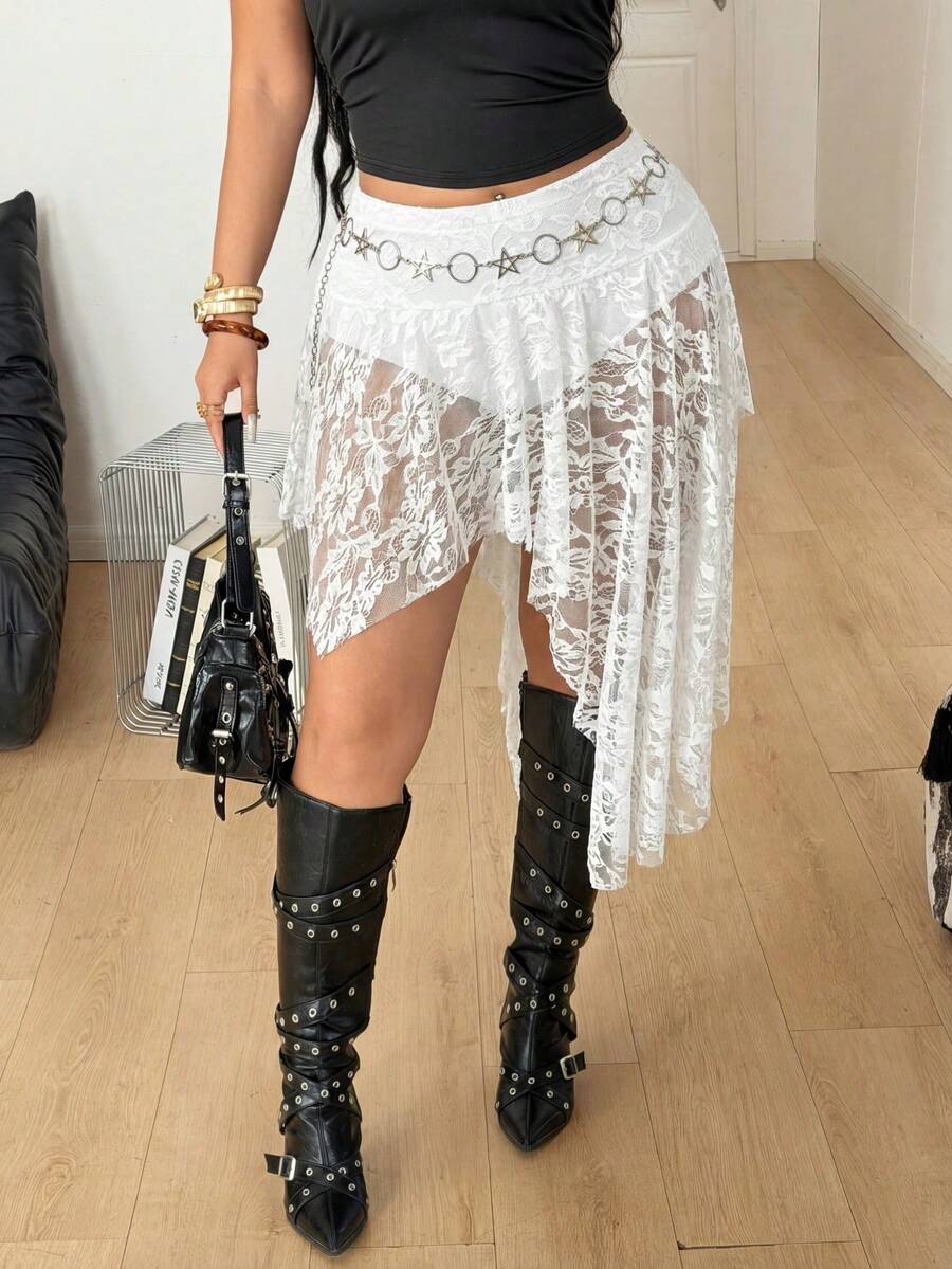 Coolane Chân váy ren dáng lệch vạt mùa hè/xuân dành cho nữ cỡ lớn - trắng - Xem 1