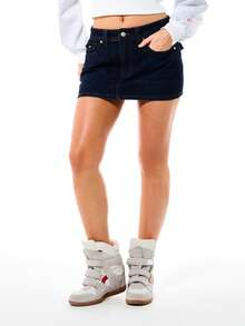 BABYPHAT Denim Mini Skirt With Logo Embroidery Dark Wash High Rise A Line Button Closure - Royal Blue - View 2