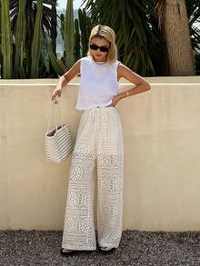 Livesso Women's Drawstring Waist Casual Versatile Daily Wear Wide Leg Pants - White - View 4