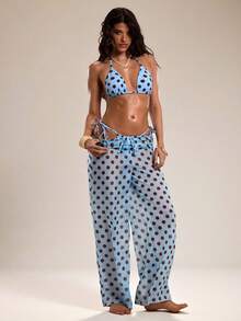 SHEIN BAE 女士雪纺罩衫，优雅性感休闲波点薄纱沙滩装，低腰阔腿裤，夏季，春假，情人节，女士沙滩装，生日，外出，波点，沙滩裤，2026夏季新款沙滩装，沙滩派对 - 藍色 - 查看 7