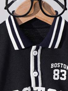 SHEIN 新生男宝宝可爱夏季休闲针织字母图案撞色连体衣，适合生日派对、晚宴、演出、婚礼、满月庆祝、洗礼和一周岁生日庆祝、迎婴派对、婚礼宾客、花童、戒指童、女童 - 彩色 - 查看 6