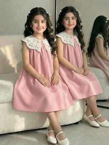 1pc Girls Cute Doll Dress, Pink Embroidered Ruffle Collar, Ribbon Bow, Loose Fit Sleeveless Backless Dress, Fashionable & Sweet, Suitable For Summer - Pink - View 3