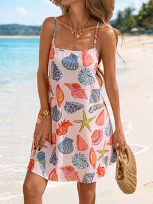 Sylviya 女士休闲海洋生物印花无袖连衣裙，夏季 - 彩色 - 查看 4