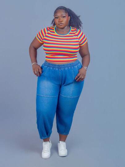 CurvyTilda 大码女式松紧腰口袋锥形休闲牛仔裤