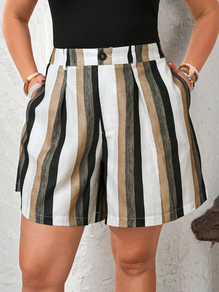 Plus Size Women's Summer Casual Vacation Country Colorblock Striped Shorts With Pockets, Spring/Summer,Summer\Vacation,Summer Holiday,Spring Break Outfits ,Vacation Outfits Women ,Holiday Outfits For Women,Going Out Outfits,2026 New Clothes,Simple And Fashionable For Everyday Wear,Suitable For Summer, Vacation, Daily Wear, Stripe Shorts, Women Summer Shorts