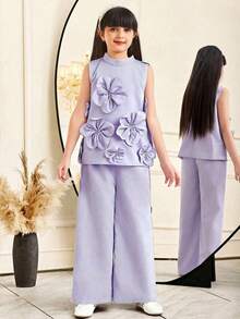 SHEIN Áo sơ mi không tay cổ bẻ màu tím thanh lịch dành cho bé gái tuổi teen, trang trí hoa 3D. - Màu tím - Xem 5