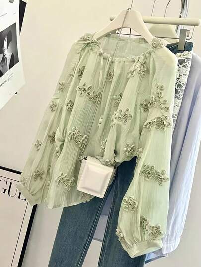 Modelyn Women's Round Neck 3D Floral Decor Casual Versatile Daily Wear Shirt