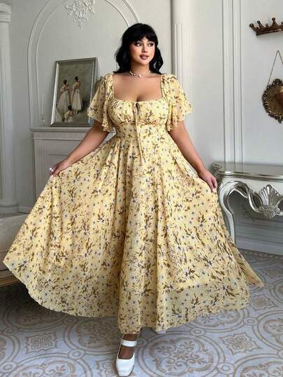 Lyrianda Modest Plus-Size Women's Casual Vacation Romantic Ditsy Floral Summer Dress Plus Size Yellow Dress Tea Party Dress Curve Plus Size Floral Dress Lemon Dress Plus Size Plus Size Vacation Dress