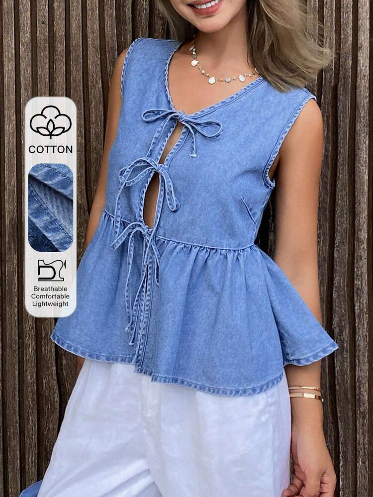 Women's Summer Round Neck Sleeveless Tie-Waist Casual Denim Top With Ruffle Hem And Bow Accent