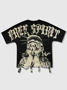 ROMWE MEN Street Life 男士街头风蝙蝠袖印花T恤，适合日常穿着，春夏款 - 黑色 - 查看 1