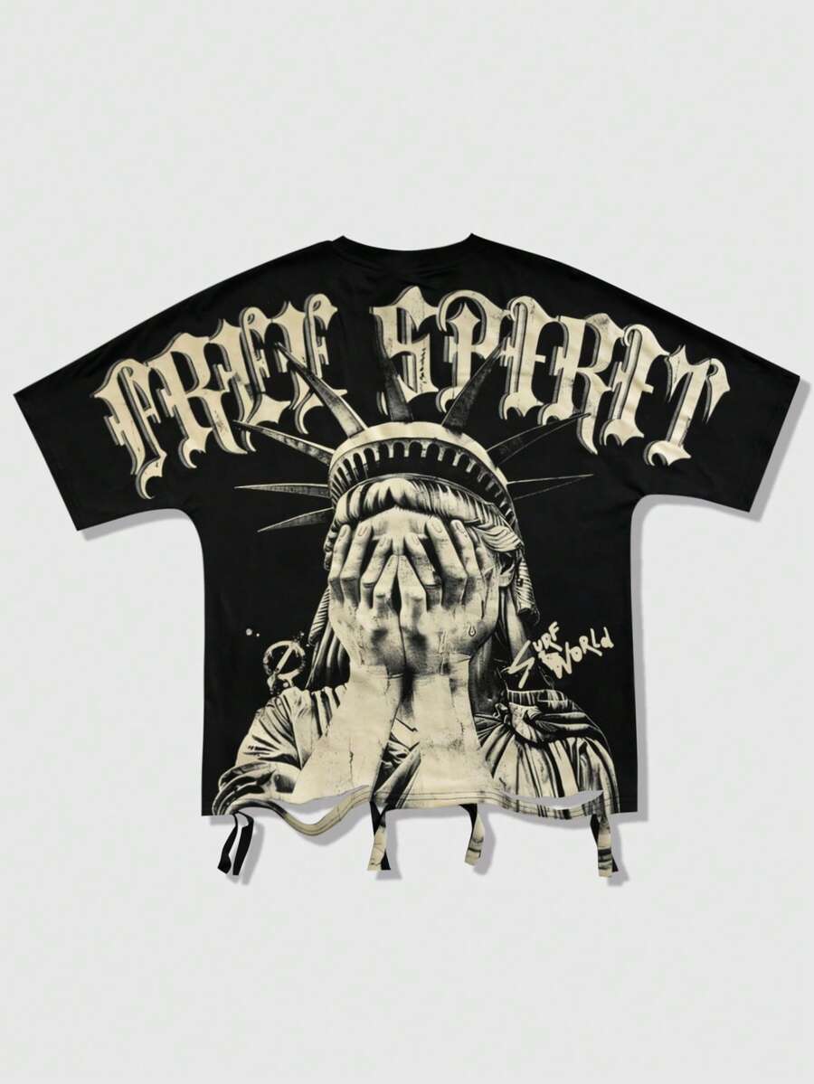 ROMWE MEN Street Life 男士街头风蝙蝠袖印花T恤，适合日常穿着，春夏款 - 黑色 - 查看 1