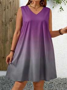 EMERY ROSE 大码渐变印花无袖休闲度假连衣裙 - 紫色 - 查看 1