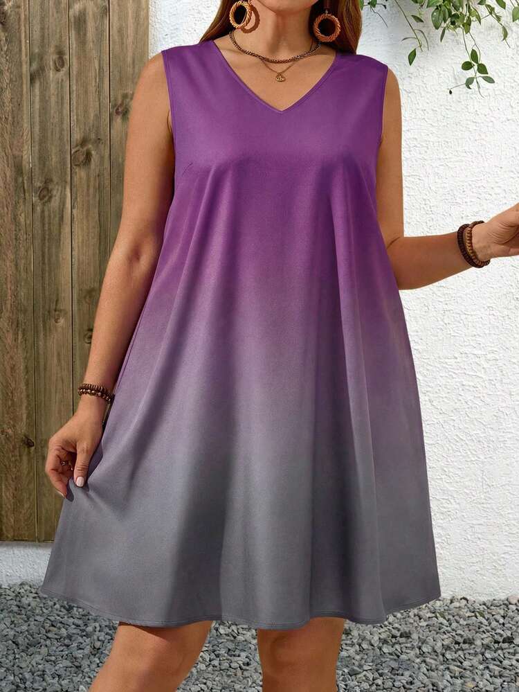 Plus Size Gradient Print Sleeveless Casual Vacation Dress Purple Ombre Dress Purple Sundress Purple Beach Dress Purple Summer Dress Violet Dress