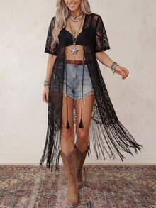 Wildy Áo khoác ngoài tay ngắn màu đen ren và tua rua phong cách BOHO dành cho nữ, thích hợp cho các lễ hội âm nhạc. - màu đen - Xem 7