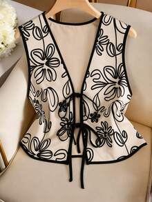 Franclia 无袖V领印花系带背心/休闲百搭日常短款外套 - 杏色 - 查看 1