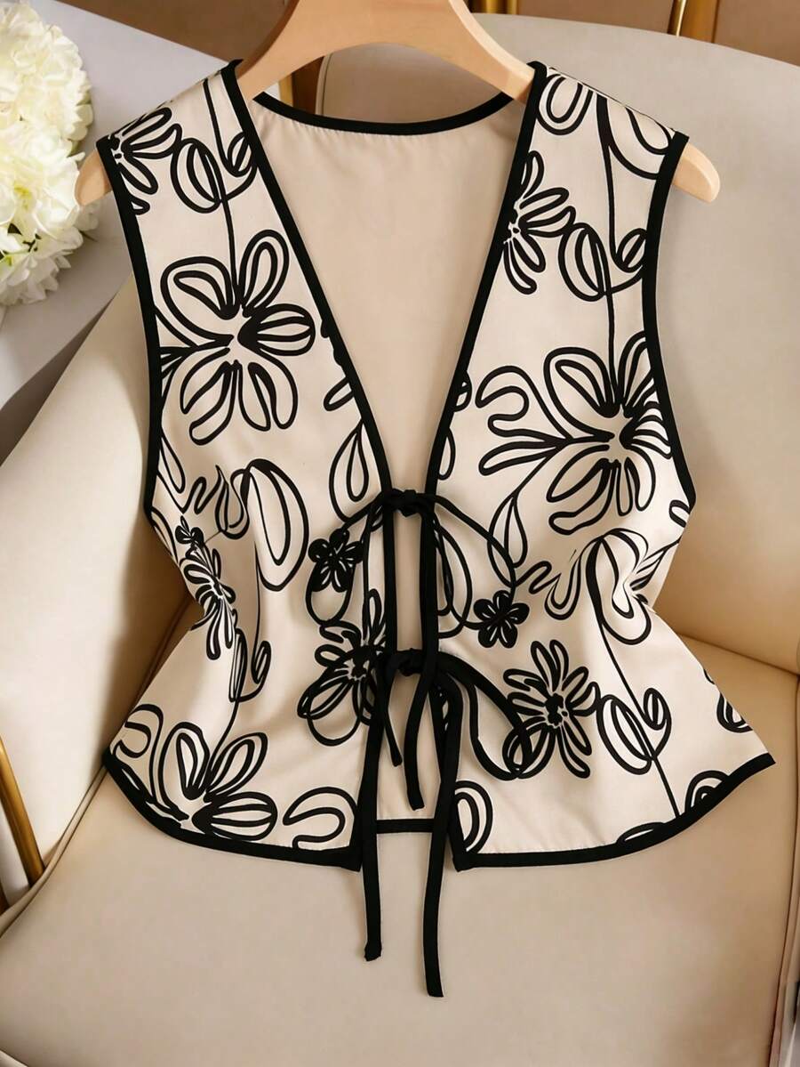 Franclia 无袖V领印花系带背心/休闲百搭日常短款外套 - 杏色 - 查看 1