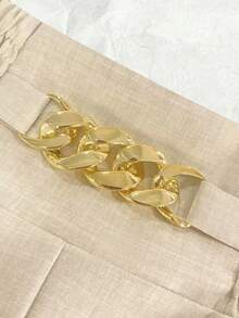 Olithes 女士休闲金属链条宽松阔腿裤，亚麻卡其色长裤，秋季款 - 杏色 - 查看 3