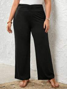Rosumi 大码女式纯色腰部褶皱阔腿宽松休闲裤 - 黑色 - 查看 1