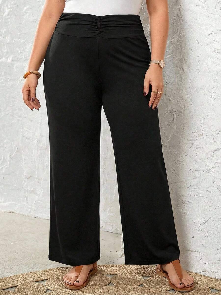 Rosumi 大码女式纯色腰部褶皱阔腿宽松休闲裤 - 黑色 - 查看 1