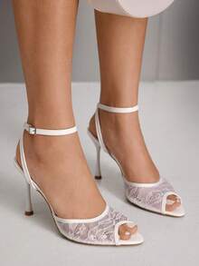 CUCCOO SZL Women Shoes Square Toe Slender Heel White Lace Mesh Ankle Strap Sexy Fashion With Skirt Banquet Party Ladies High Heel Open Toe Ladies High Heel Sandals - White - View 9