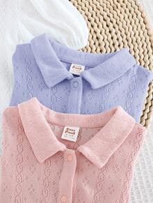 Cozy Pixies 3件套女婴纯色柔软针织翻领短袖连体衣套装 - 彩色 - 查看 4